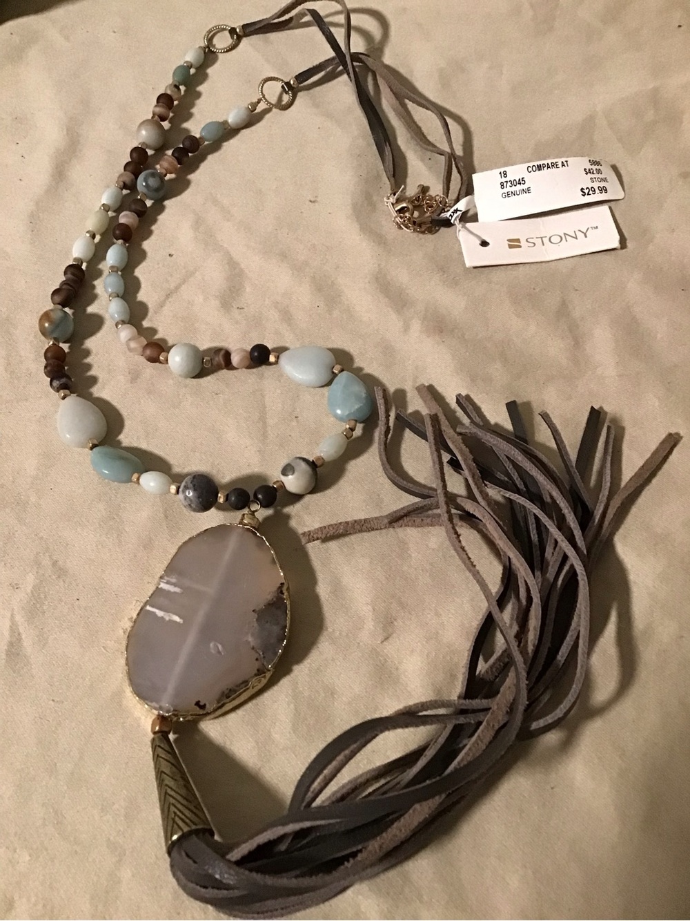 Women's Aqua Bead Necklace with Agate Pendant and Gray Suede Tassel